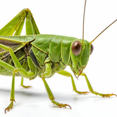 Closeup of a green grasshopper isolated on a white background