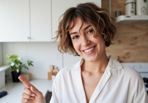 Smiling Woman Pointing in Modern Kitchen Interior with Positive Expression