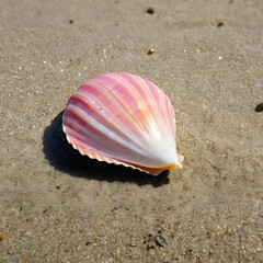 Closeup of a pink shell on a beach under the sunlight