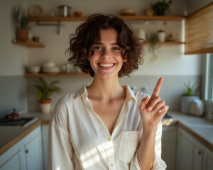 Smiling Woman Pointing in Modern Kitchen Interior with Positive Expression