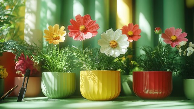 Bright colorful gerbera daisies blooming in vibrant ceramic pots on sunny windowsill perfect for spring decoration, home gardening, cheerful indoor plants, natural light, blurred background green fol
