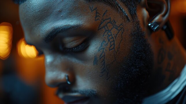 A close-up of a man with a facial tattoo, showcasing intricate designs and a focused expression.