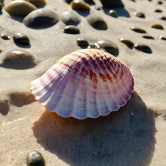 Closeup of a pink shell on a beach under the sunlight