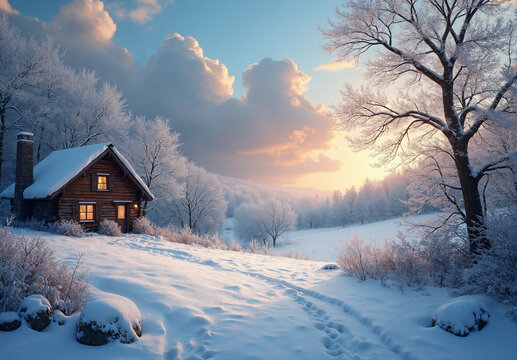 Winter Cabin by Snowy Pine Forest and Frozen Lake in Serene Mountain Landscape
