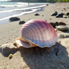 Closeup of a pink shell on a beach under the sunlight