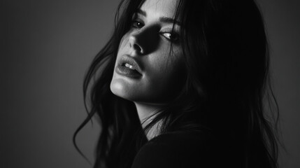 Artistic black and white portrait of a woman with flowing hair captured in soft light