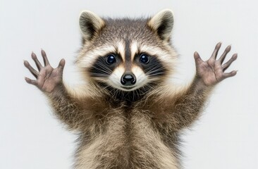 Fototapeta premium An endearing and humorous raccoon, photographed closely with a white background