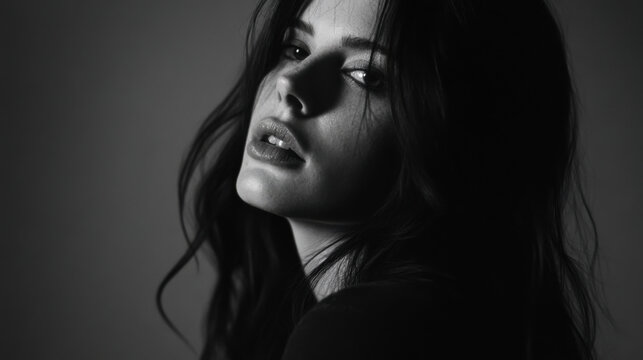 Artistic black and white portrait of a woman with flowing hair captured in soft light