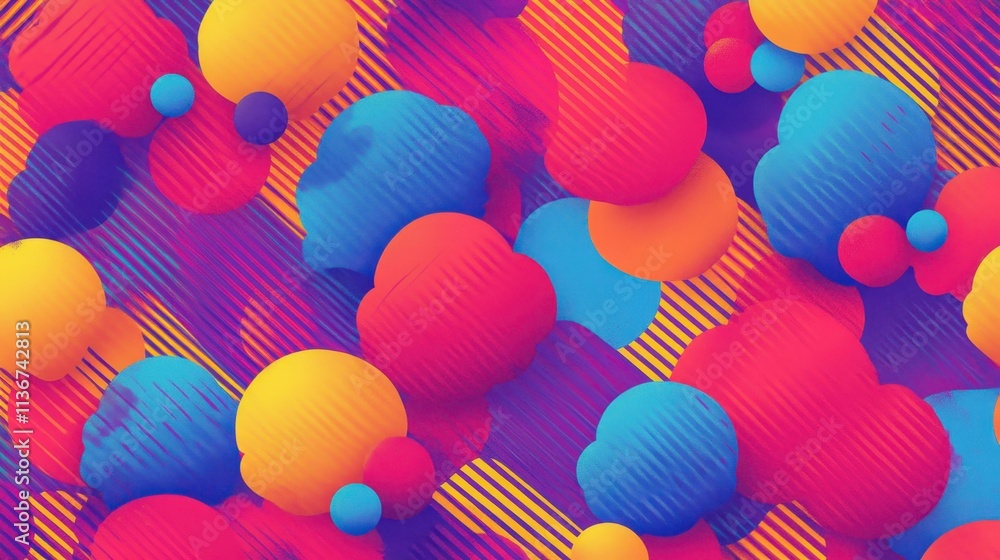 Poster abstract colorful 3d spheres and diagonal lines pattern, vibrant modern design for backgrounds, digi