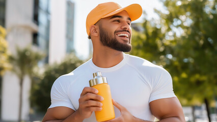 A fitness enthusiast muscular man  smiles while holding a whey protein shaker or a water bottle, while running and outdoor exercise, showcasing a healthy fitness lifestyle.