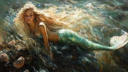 A serene mermaid with flowing hair rests in a tranquil ocean scene surrounded by shells.