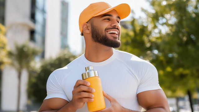 A fitness enthusiast muscular man smiles while holding a whey protein shaker or a water bottle, while running and outdoor exercise, showcasing a healthy fitness lifestyle. - Powered by Adobe
