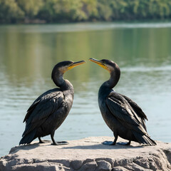 Closeup of Great cormorant or Pharmacological carbon birds near the lake during daylight