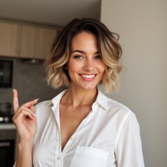 Smiling Woman Pointing in Modern Kitchen Interior with Positive Expression