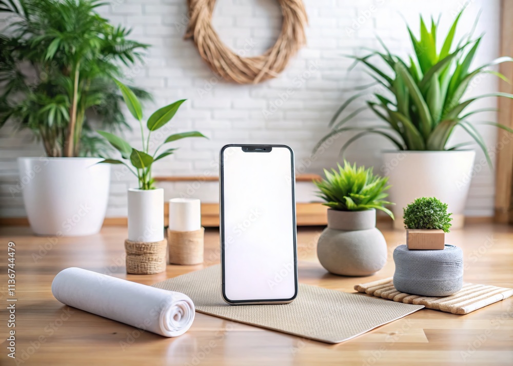 Poster yoga app template mockup for class booking: stylish phone design with blank screen for generative ai