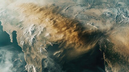 Obraz premium satellite view of the United States, showing air quality in yellow and red colors over California. 