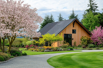 A modern barn house in wood with gable roof, green grass lawn and colorful trees on the side of it, path leading to front door, surrounded by blooming cherry blossom tree.