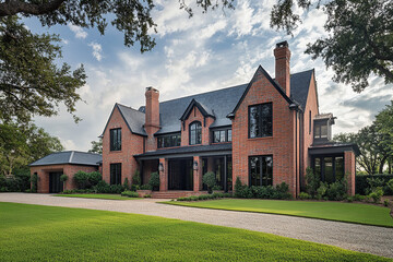 Obraz premium An architectural photograph of an elegant red brick home with black trim, a large front yard, and a driveway. The home has a shiny black shingle roof, a symmetrical design, a tall central chimney.