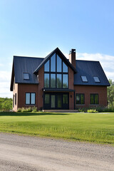 Obraz premium A modern, two-story house with large windows and an exterior of brick-red color in the Scandinavian style stands on green grass near the road against the background of a blue sky.