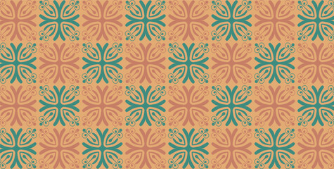 Seamless vintage pattern with motif and swirls in earthy tones of orange and green. Vector illustration background.