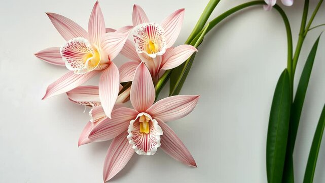 Soft pink orchids arranged elegantly on a pale backdrop showcasing delicate patterns and natural beauty