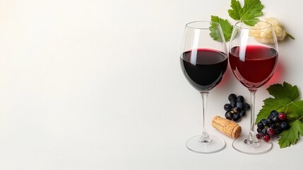 Two glasses of red wine with grapes and a cork