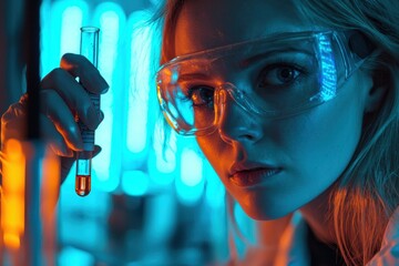A female scientist in safety goggles holding a test tube, intense focus, cool lab lighting, blurred research equipment background,