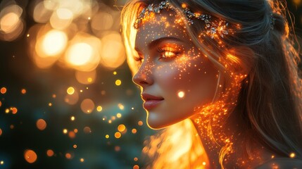 A serene portrait of a woman with sparkling effects against a warm, glowing background.