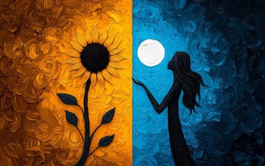 Sun Moon Woman Impasto Painting Nature Art