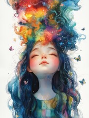 Naklejka premium A whimsical cute illustration of a girl with flowers in her hair and white background. 