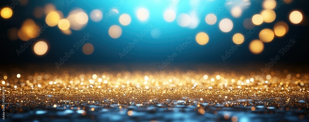 Poster a shimmering surface illuminated by soft blue and golden bokeh lights, creating a magical and festiv
