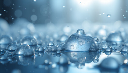 Close-up of melting ice bubbles on water surface with blue tones