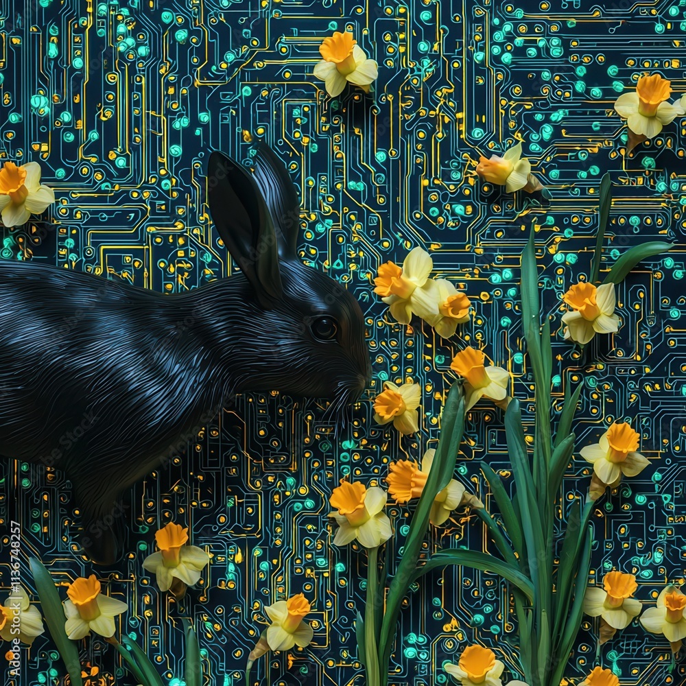 Poster a black rabbit explores a vibrant circuit board adorned with yellow daffodils, merging nature and te