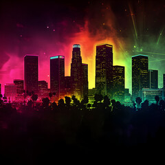 
silhouette of Los Angeles skyline in neon magenta green blue yellow fast paced lights

