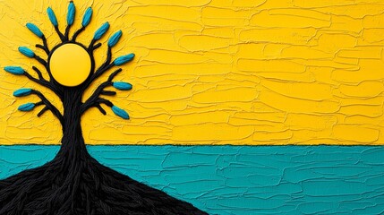 Abstract Tree Sun Yellow Blue Teal Impasto Painting Nature Art