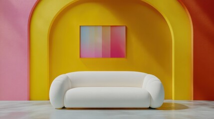 Modern White Sofa in Vibrant Yellow Pink Room Interior Design