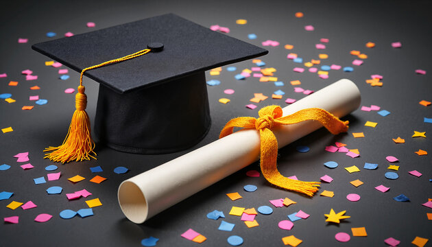 Graduation cap and diploma tied with orange ribbon surrounded by colorful confetti celebrating academic achievement - Powered by Adobe