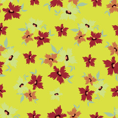 Fototapeta premium Seamless floral pattern, liberty ditsy print of mini pretty bouquets. Cute botanical design: small hand drawn flowers, tiny leaves in an abstract composition on a light background