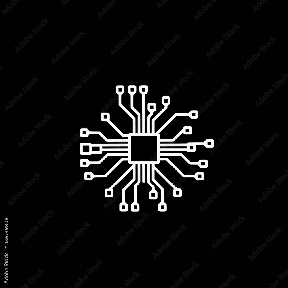 Poster abstract circuit board design with a central microchip illustration