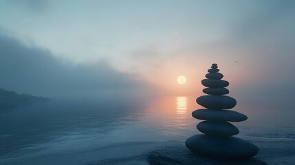 Obraz premium Serene stones stacked by tranquil waters at sunset