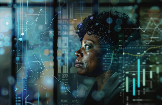 Side profile of a female cyber security computer specialist conducting data driven research analysis in cyberspace safety risks & privacy threats, stock market  - Powered by Adobe
