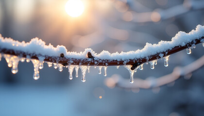Obraz premium Close-up of snow-covered branch with melting icicles in warm sunlight 