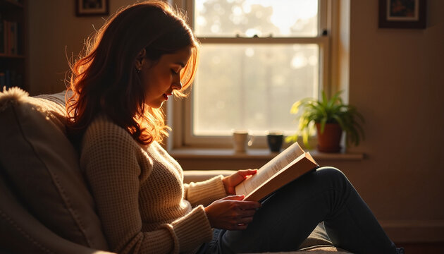 Woman reading a book in cozy living room during golden hour
