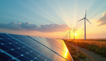 Sunset over Renewable Energy Farm