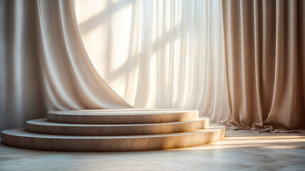 Espace d'exposition beige avec un triple podium rond et un rideau