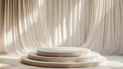 Espace d'exposition blanc avec un triple podium rond et un rideau
