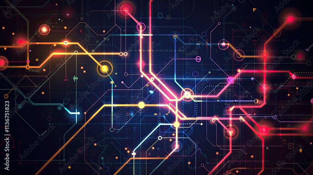 Poster abstract digital circuitry with vibrant colors representing technology and connectivity.