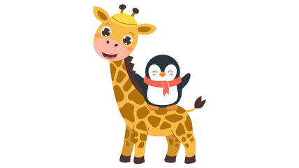 Fototapeta premium Cartoon Giraffe and Penguin Friends - Kids Illustration Generative AI