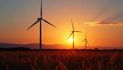 Obraz premium Stunning Wind Turbines at Sunset over a Golden Field