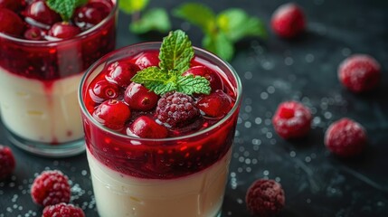 A dessert featuring layers of creamy custard topped with raspberry and cranberry compote.